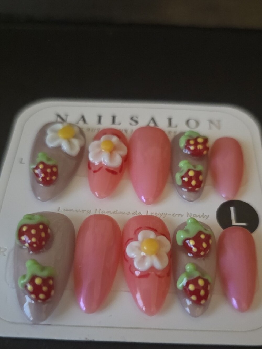 Pink Floral & Strawberry  Press-On Nail Set Large1 Set - Picture 2 of 4